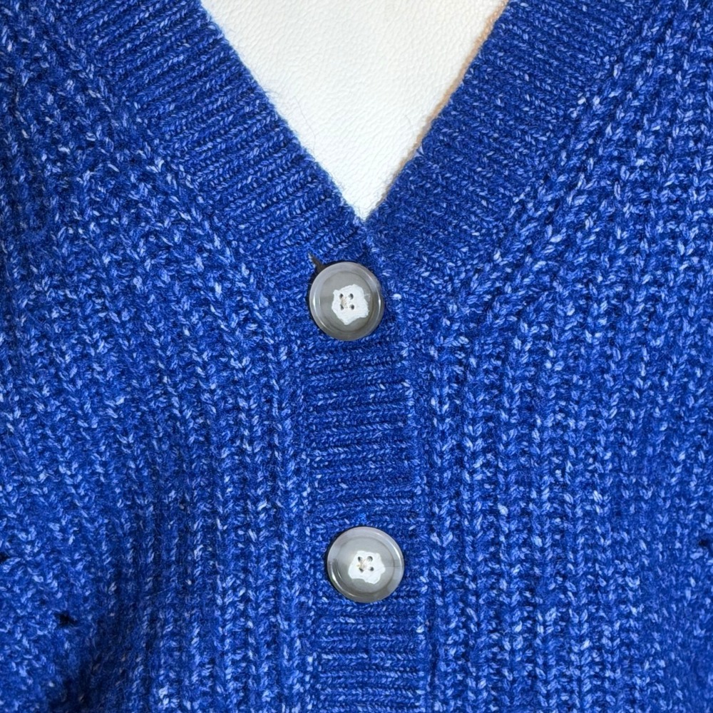 LOFT Wool Blend Blue V-Neck Button Front Cardigan Sweater Womens Medium Chunky - Picture 2 of 8